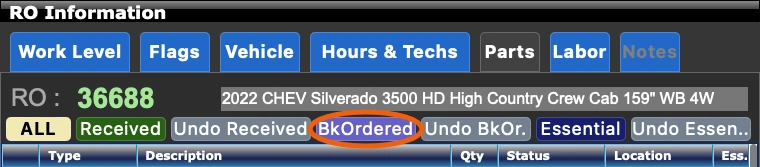 RO Information Parts Backordered button RO Information Parts Backordered button