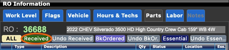RO Information Parts Received button RO Information Parts Received button