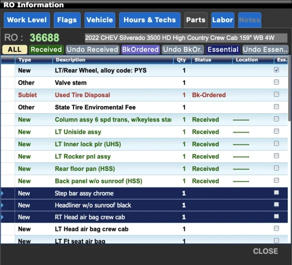 RO Information Parts Shift Selected