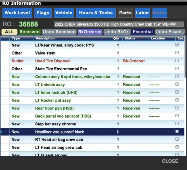 RO Information Parts Single Selected